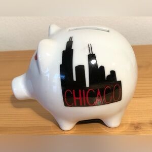 Small Chicago Skyline Piggy Bank Glossy White Ceramic Red Heart Accents Souvenir